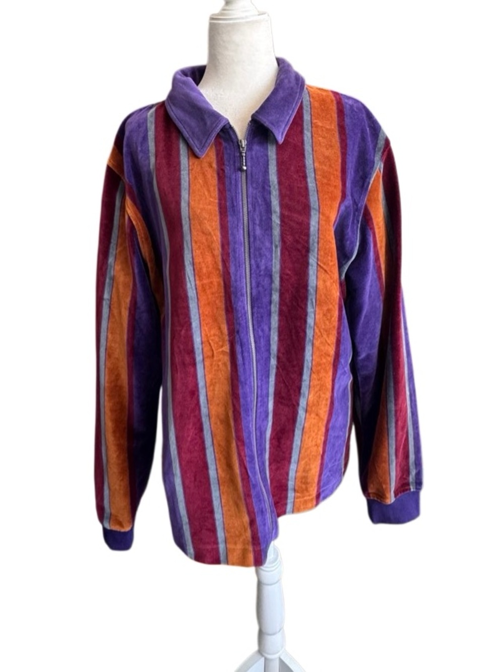 Stussy Striped Streetwear Zip Up Shirt Velour SZ L